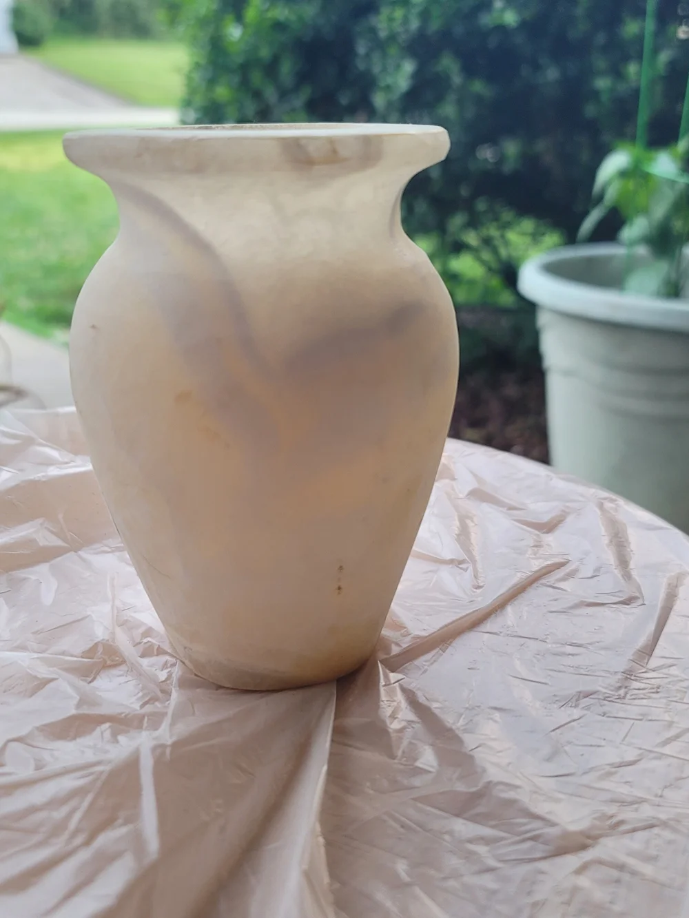 Hand Carved Stone/Alabaster Cream Low Urn Form Vase. Heavy